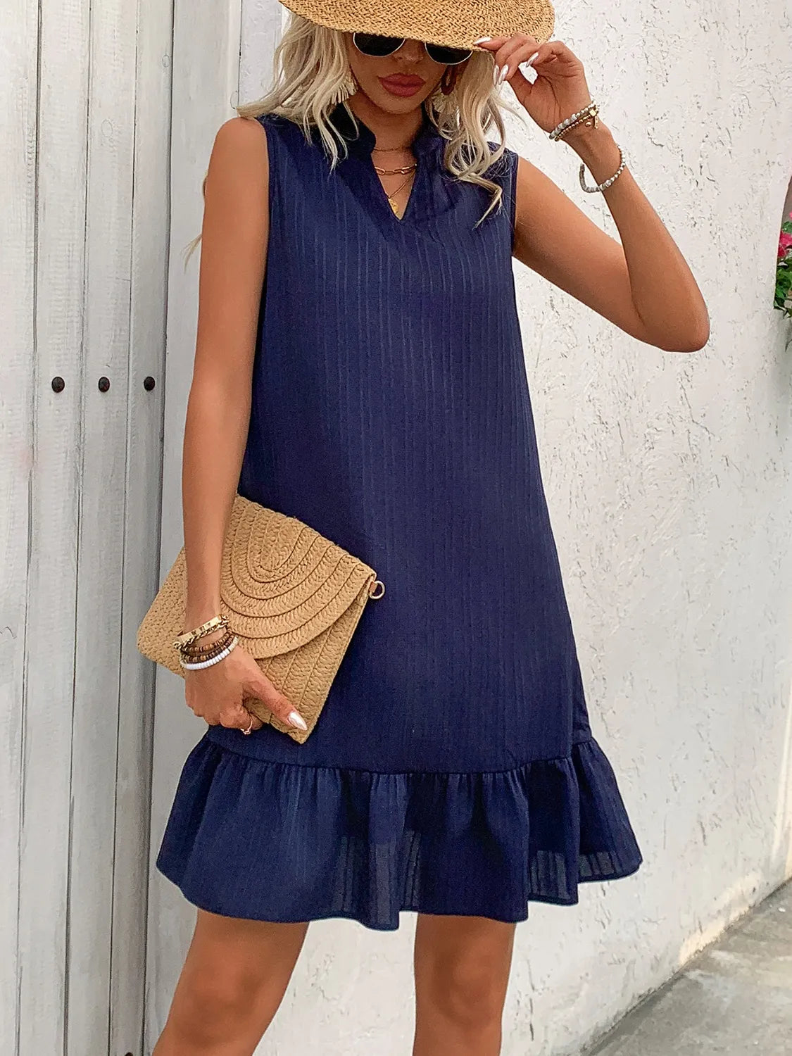 Ruffled Hem Notched Sleeveless Dress