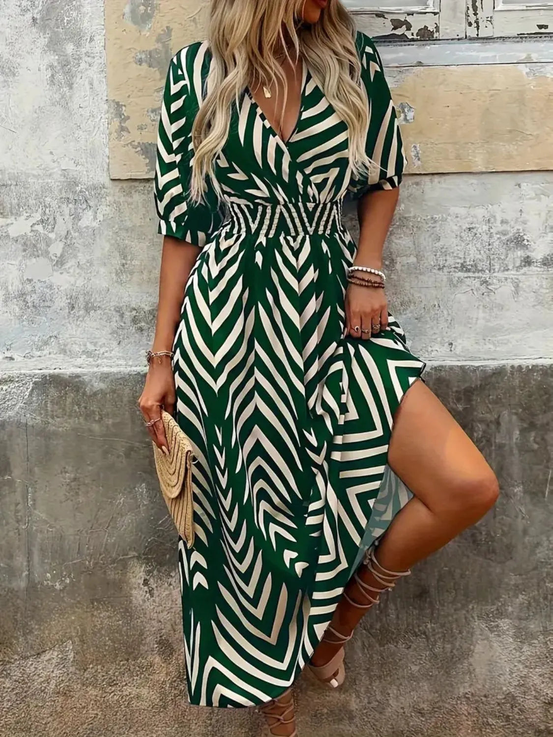 Printed Surplice Half Sleeve Midi Dress