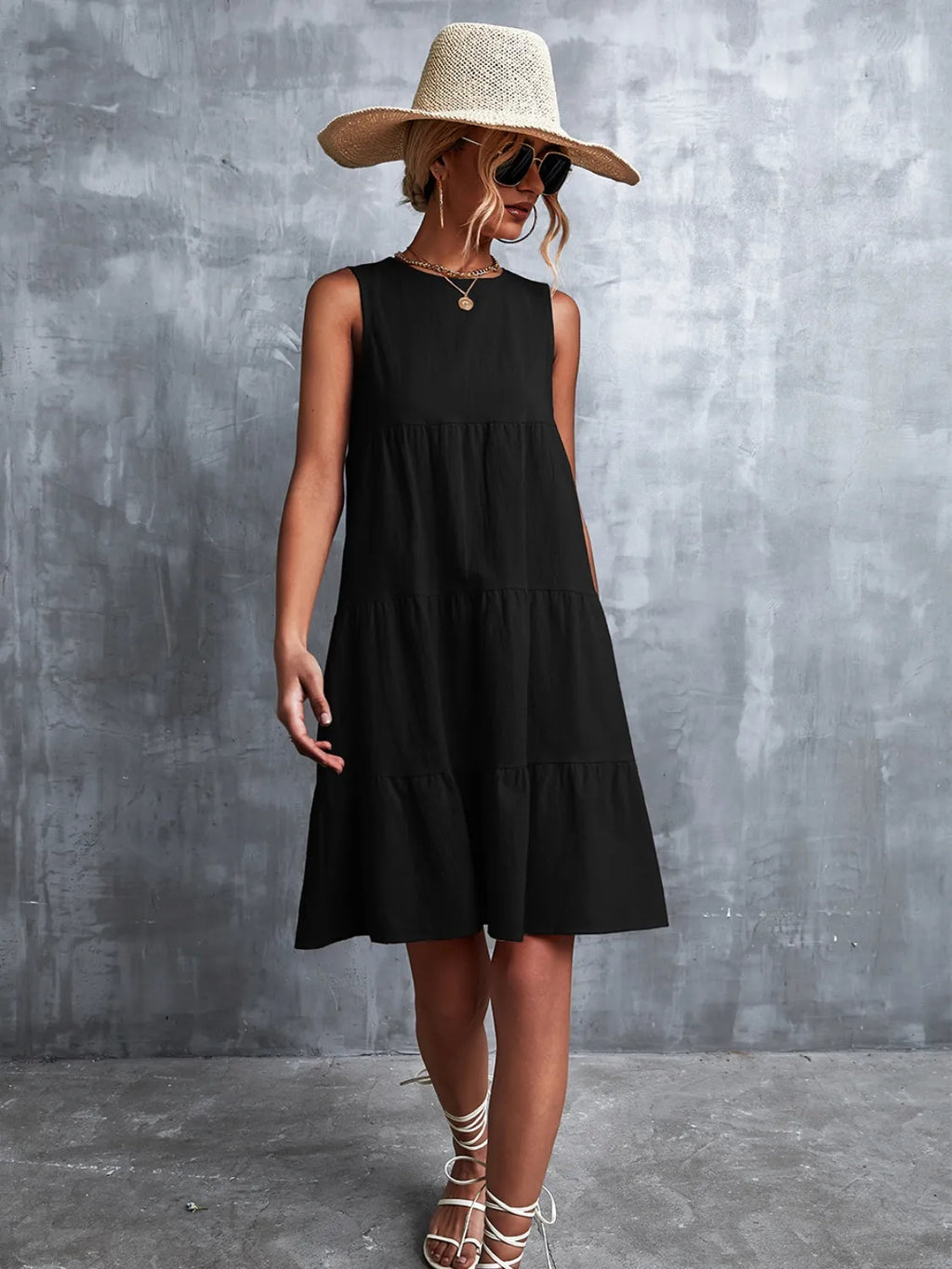 Tiered Round Neck Sleeveless Mini Tank Dress