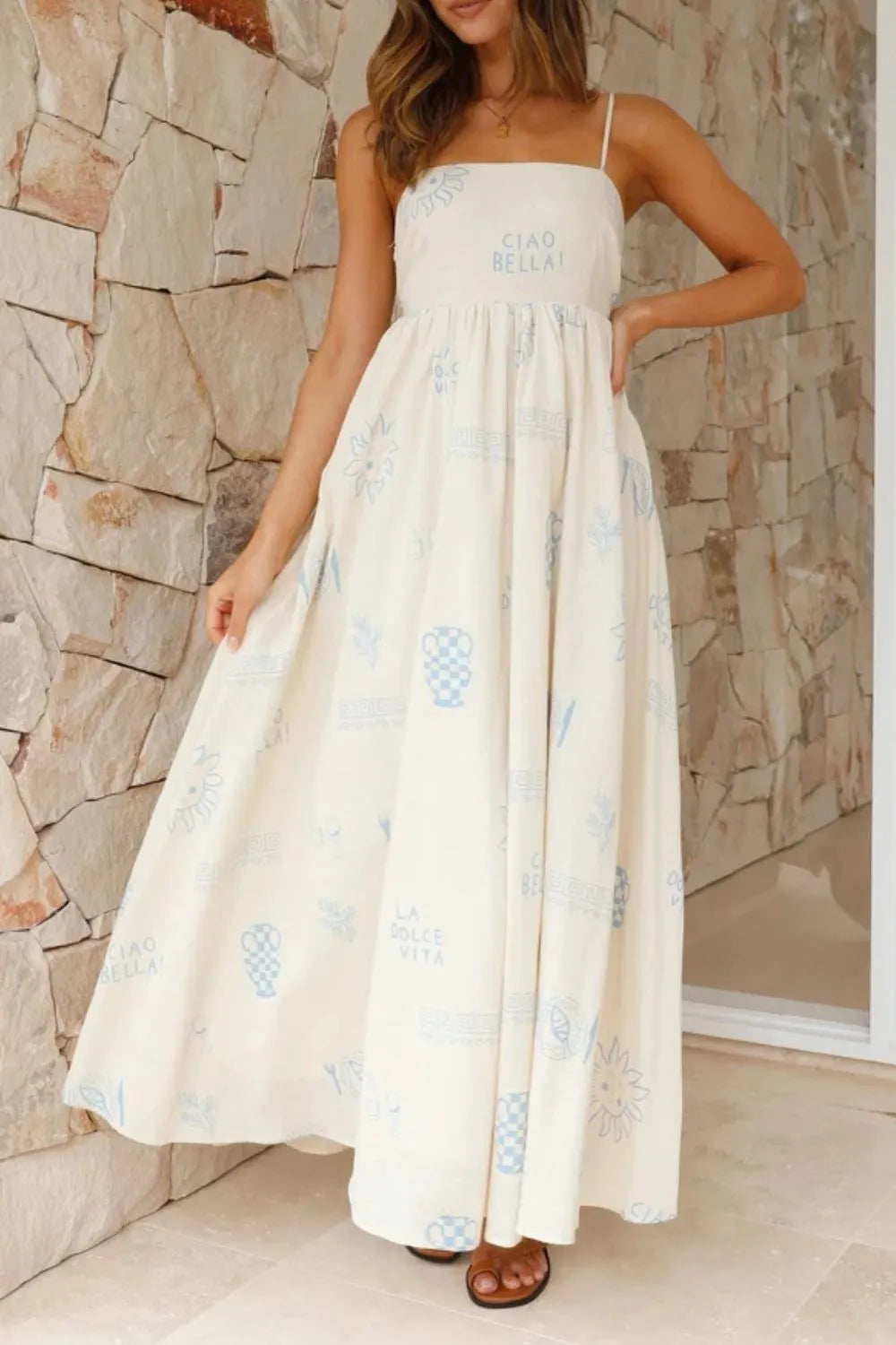 Cutout Back Printed Square Neck Maxi Cami Dress