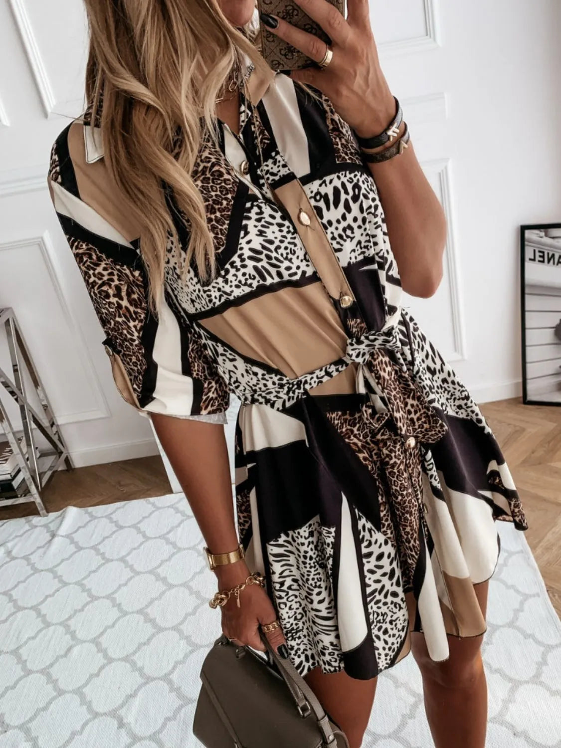 Printed Tie Waist Roll-Tab Sleeve Mini Dress