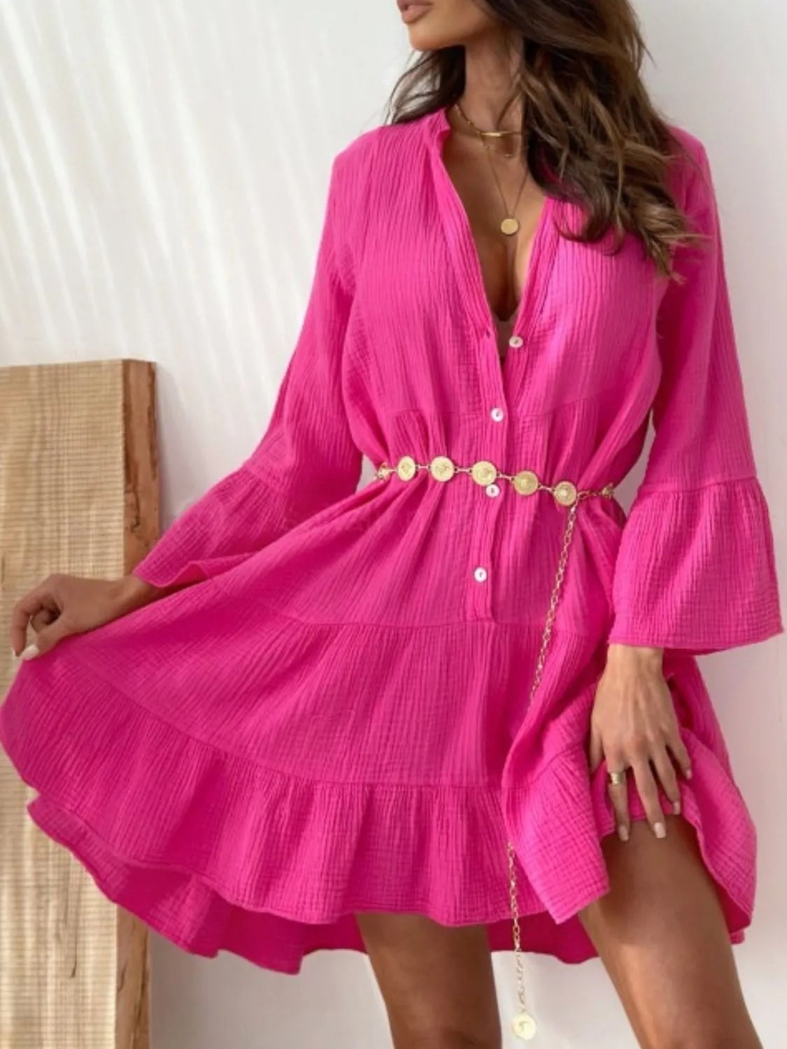 Button Detail Notched Long Sleeve Dress