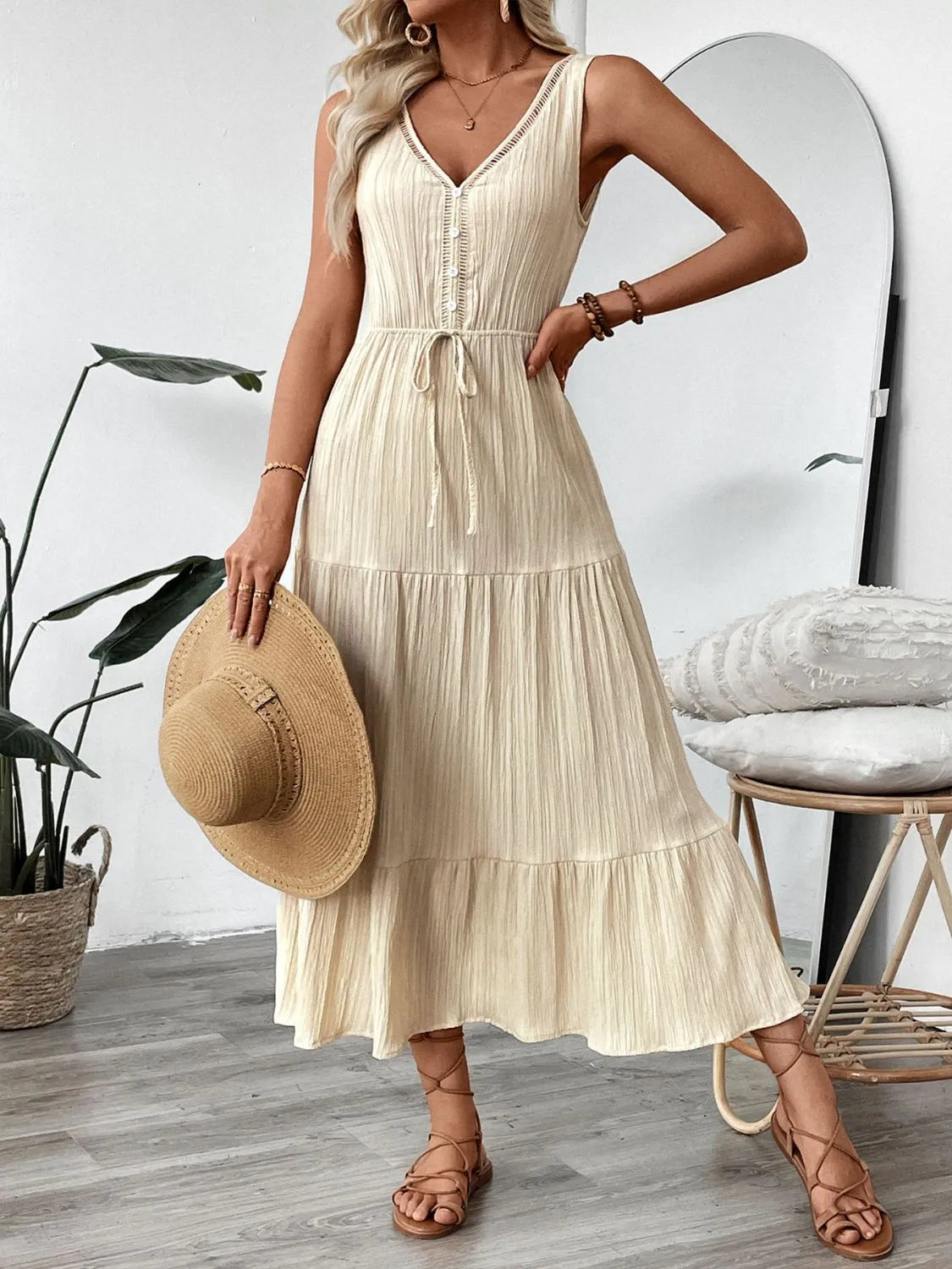 Decorative Button V-Neck Sleeveless Midi Tank Dress