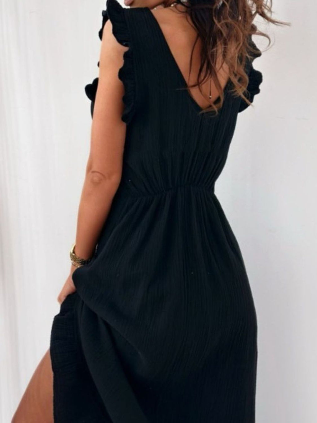 Ruffled V-Neck Cap Sleeve Maxi Dress