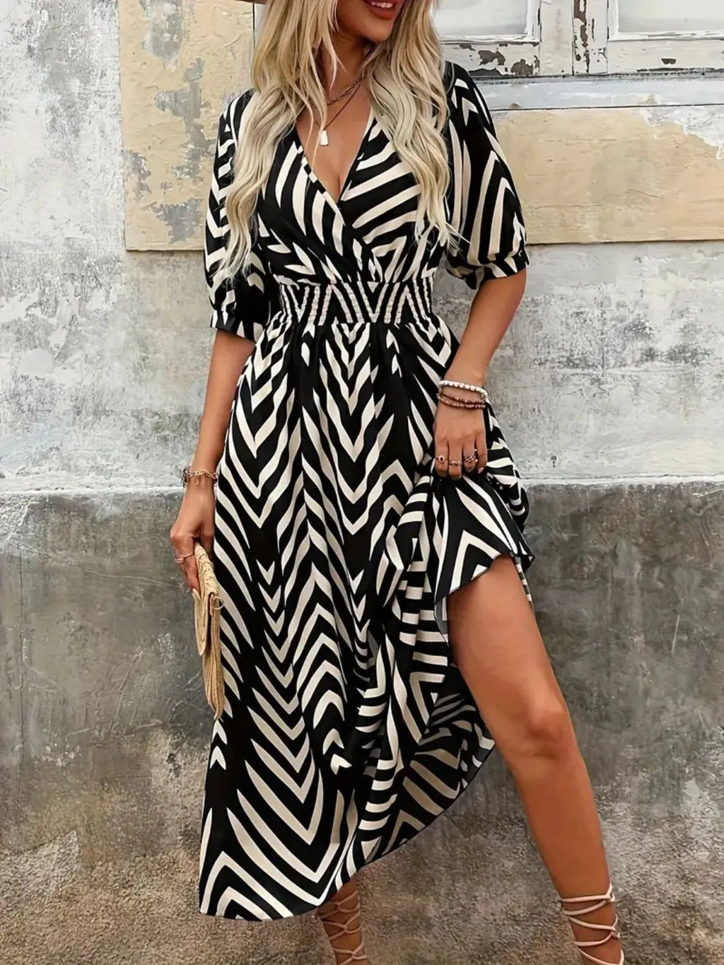 Printed Surplice Half Sleeve Midi Dress