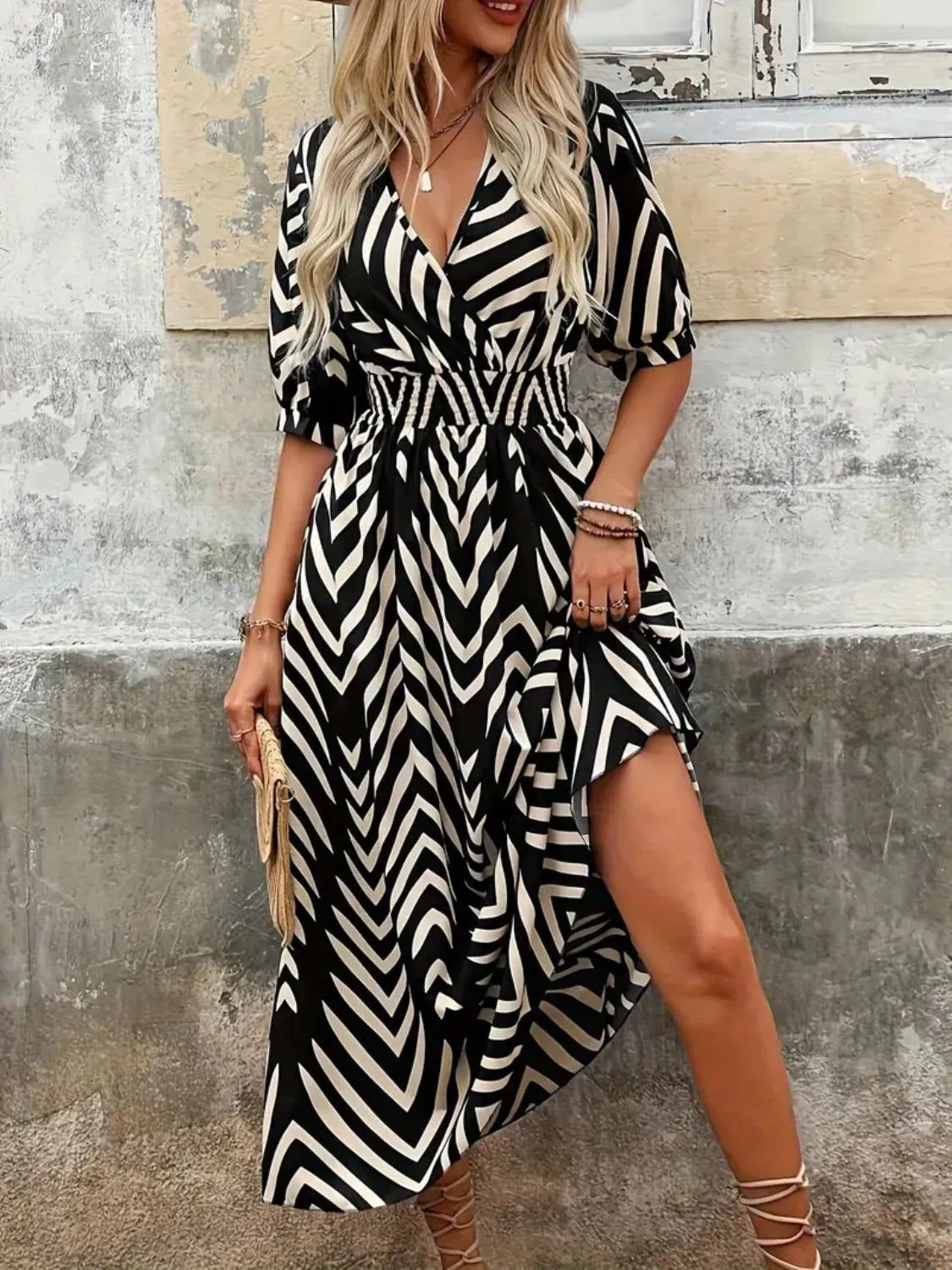 Printed Surplice Half Sleeve Midi Dress