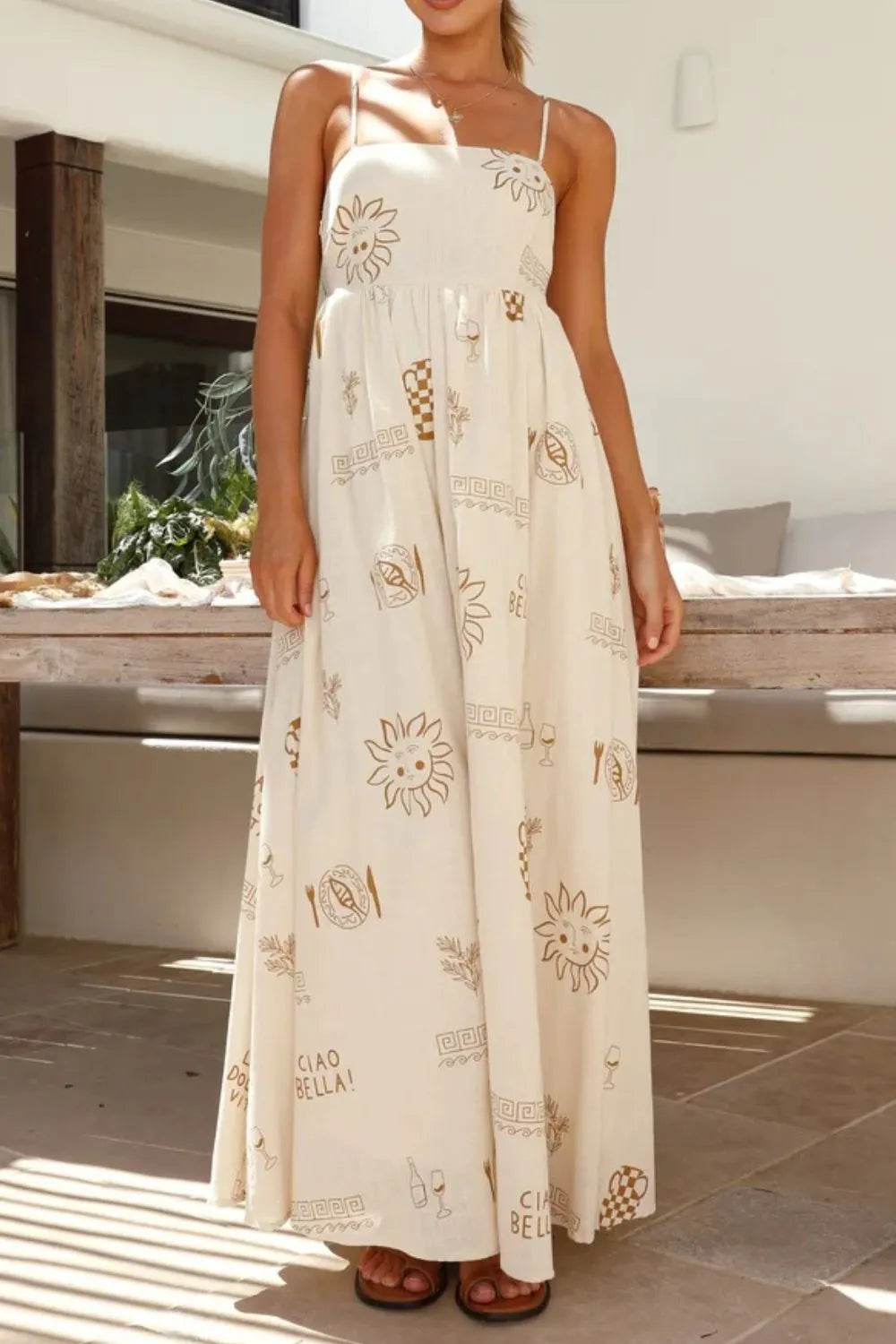 Cutout Back Printed Square Neck Maxi Cami Dress