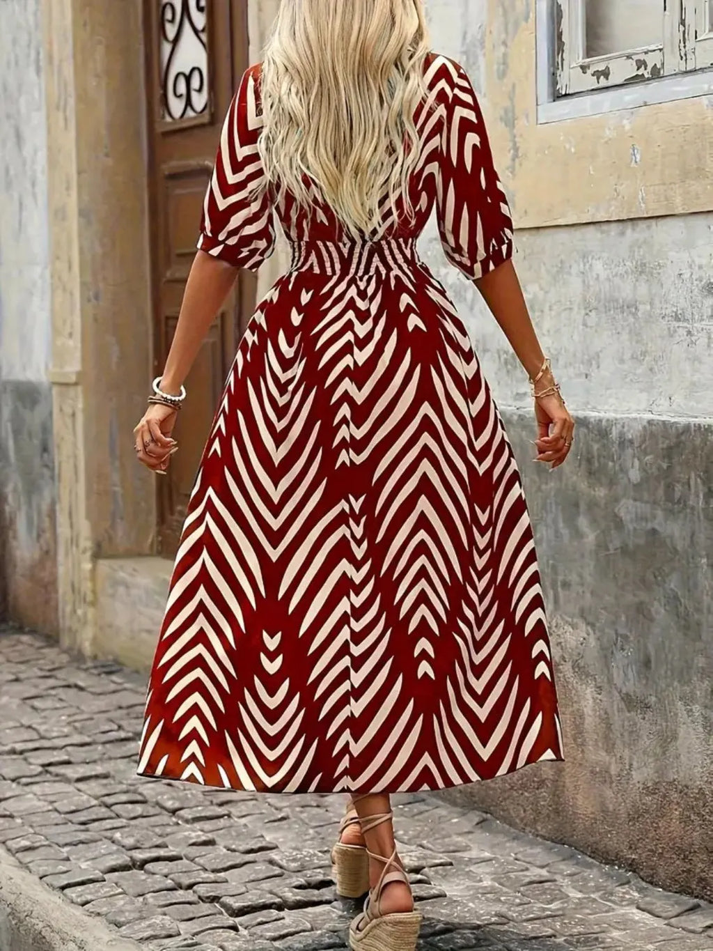 Printed Surplice Half Sleeve Midi Dress