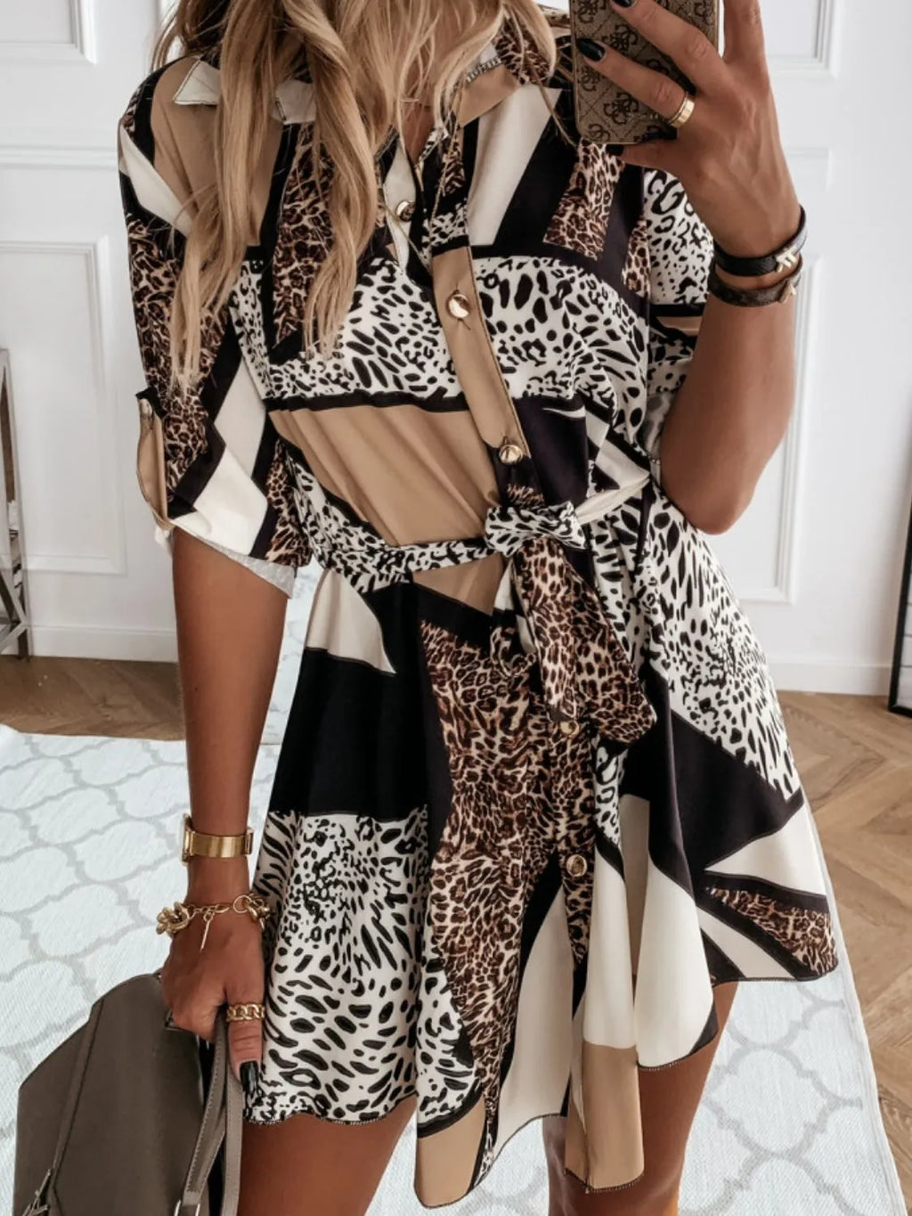 Printed Tie Waist Roll-Tab Sleeve Mini Dress