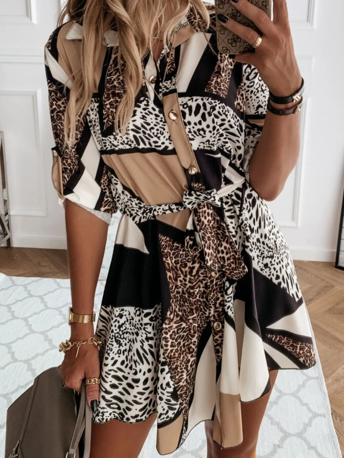 Printed Tie Waist Roll-Tab Sleeve Mini Dress