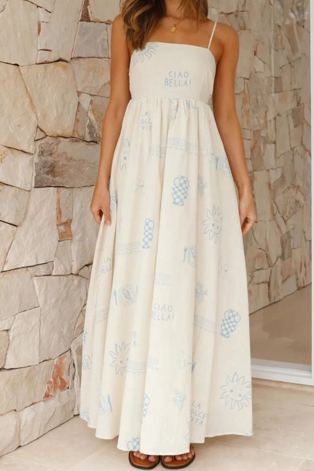 Cutout Back Printed Square Neck Maxi Cami Dress