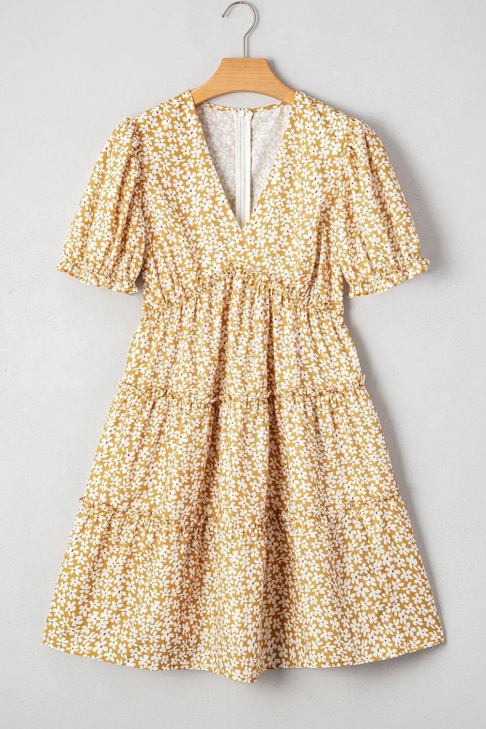 Floral Short Sleeve Surplice Frilly Tiered Mini Dress