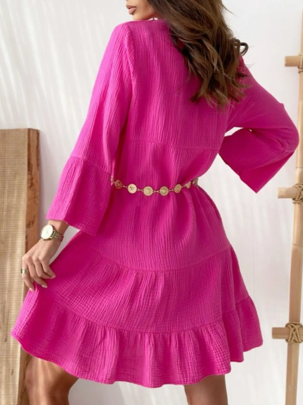Button Detail Notched Long Sleeve Dress