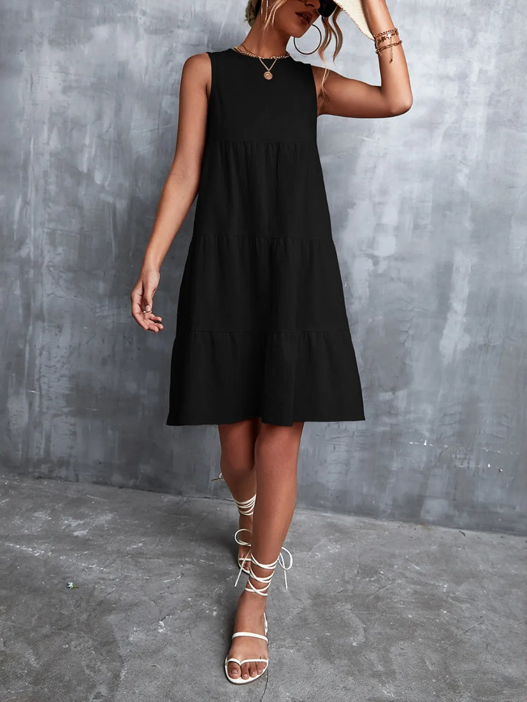 Tiered Round Neck Sleeveless Mini Tank Dress