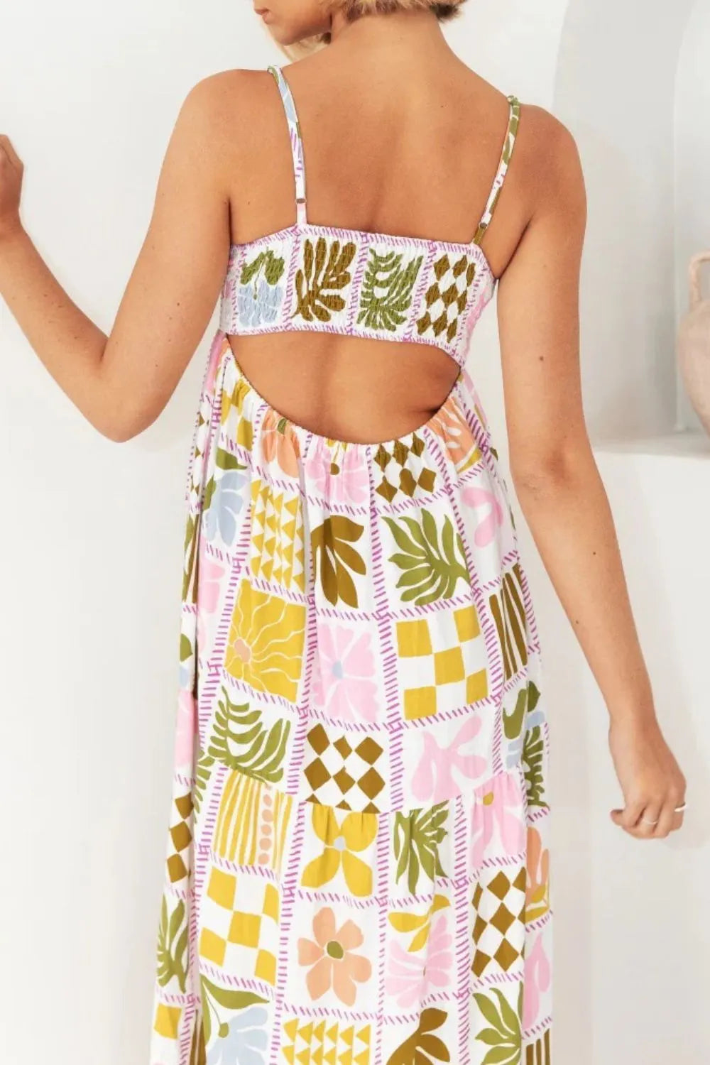 Cutout Back Printed Square Neck Maxi Cami Dress
