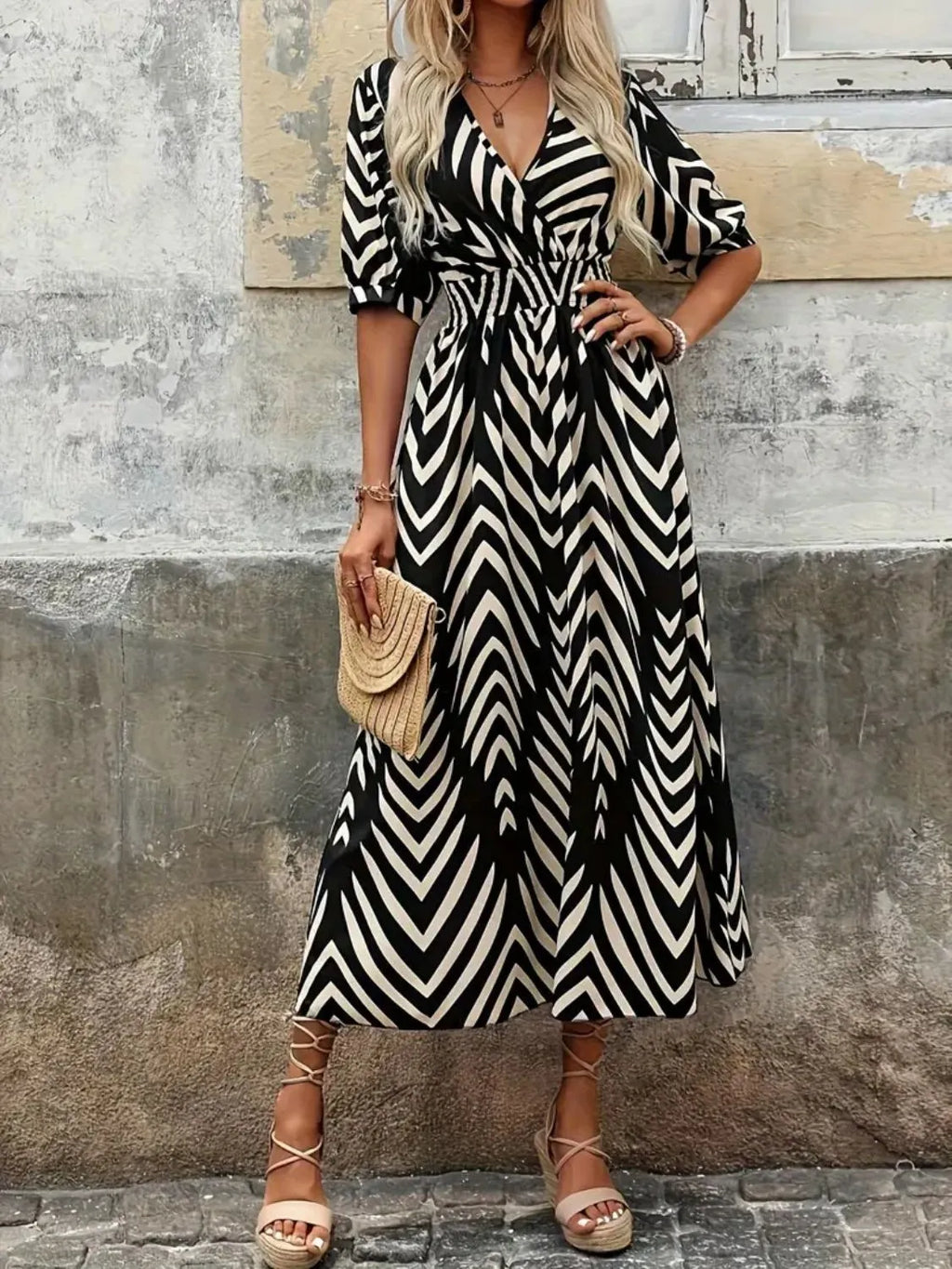 Printed Surplice Half Sleeve Midi Dress