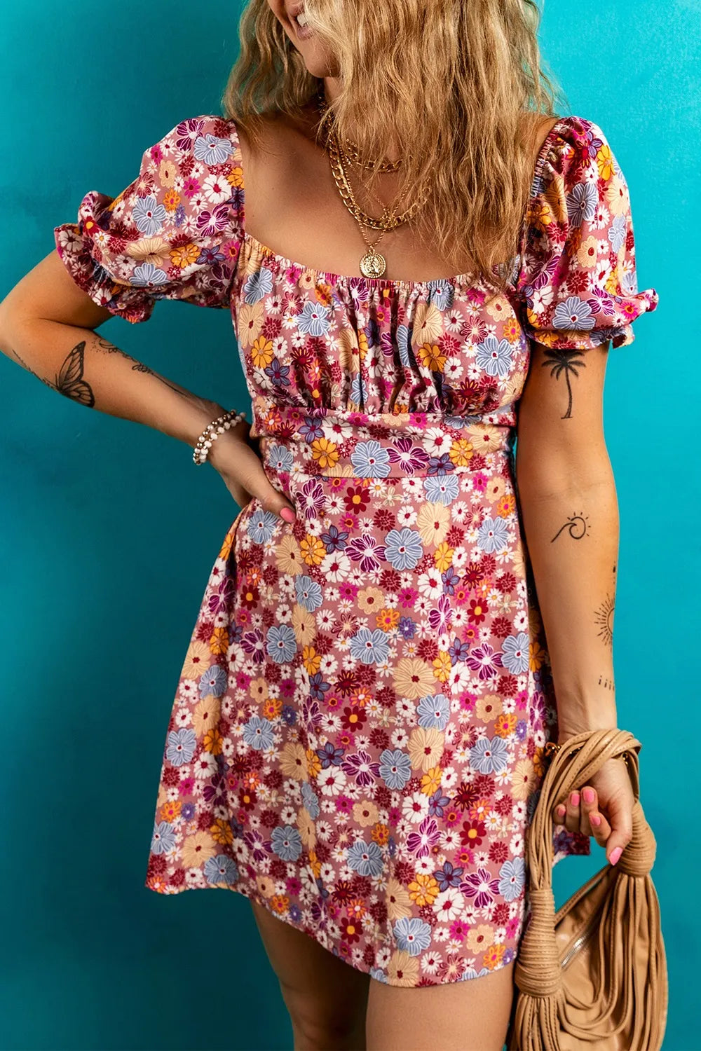 Floral Puff Sleeve Square Neck Knot Open Back Mini Dress