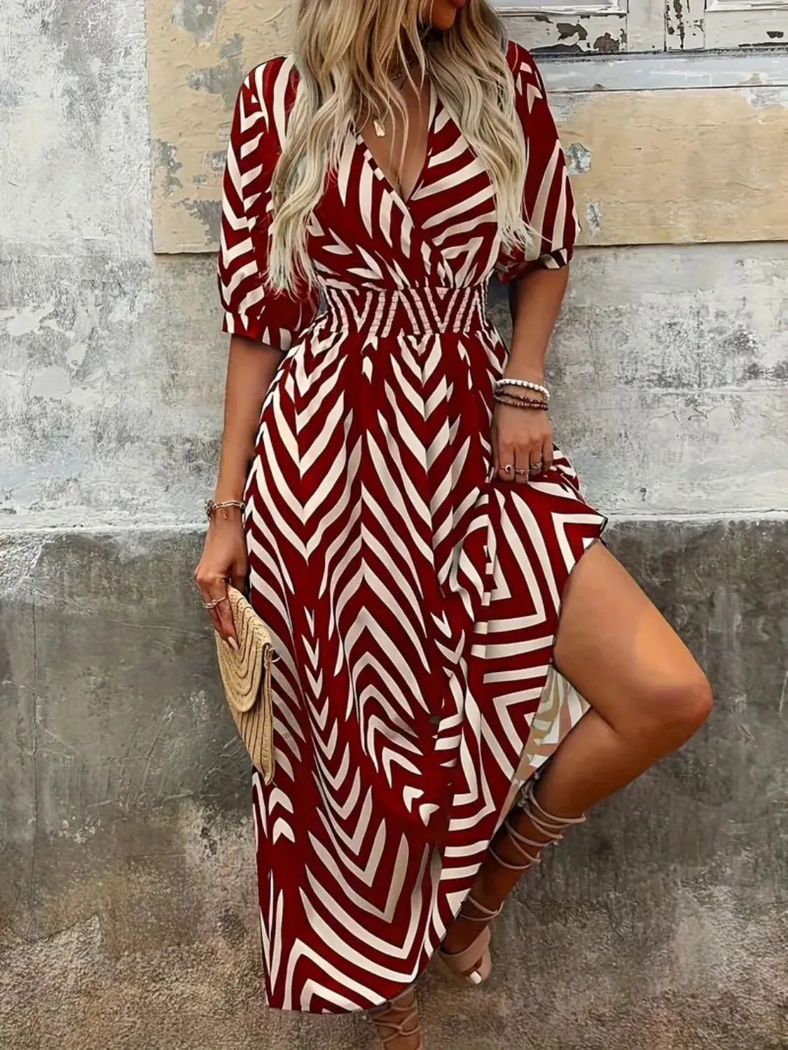 Printed Surplice Half Sleeve Midi Dress