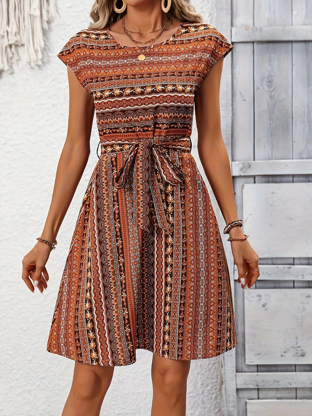 Printed Round Neck Cap Sleeve Dress