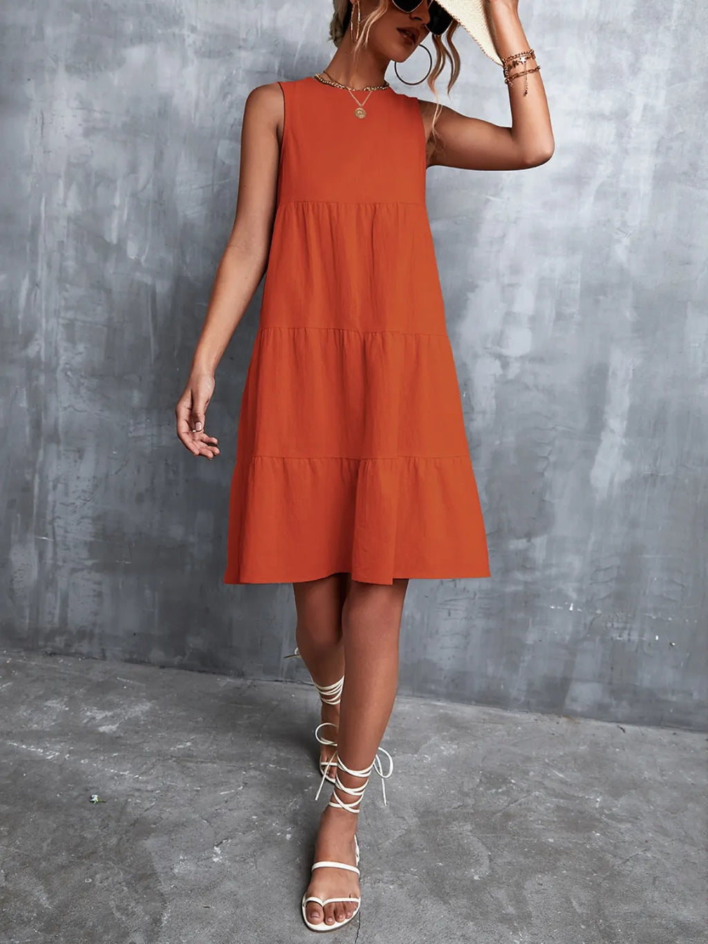 Tiered Round Neck Sleeveless Mini Tank Dress