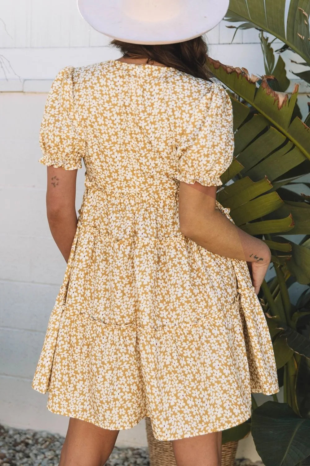 Floral Short Sleeve Surplice Frilly Tiered Mini Dress