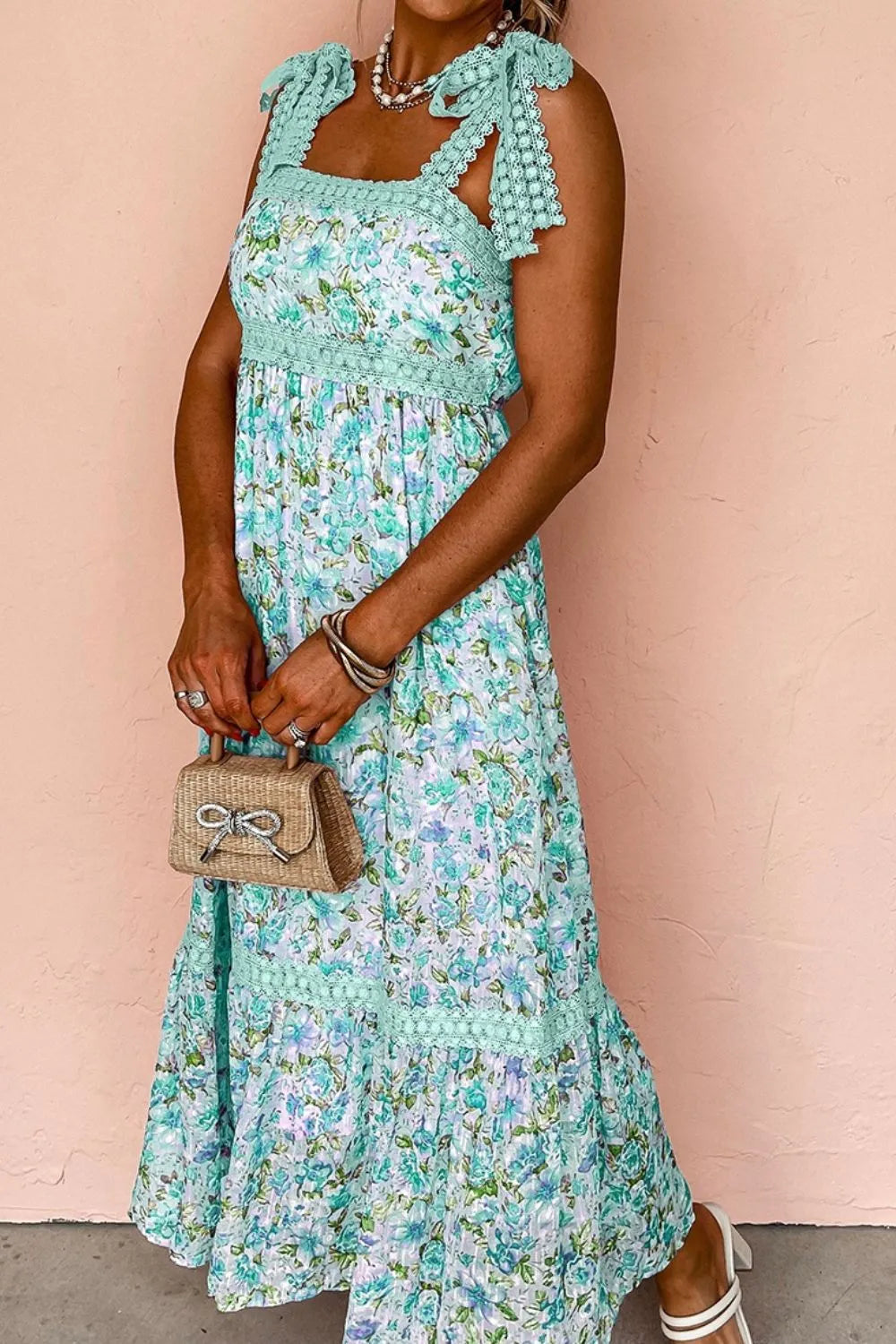 Lace Detail Square Neck Floral Dress