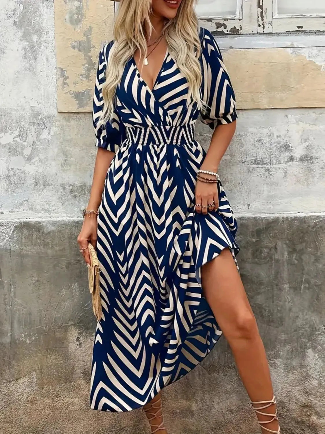 Printed Surplice Half Sleeve Midi Dress