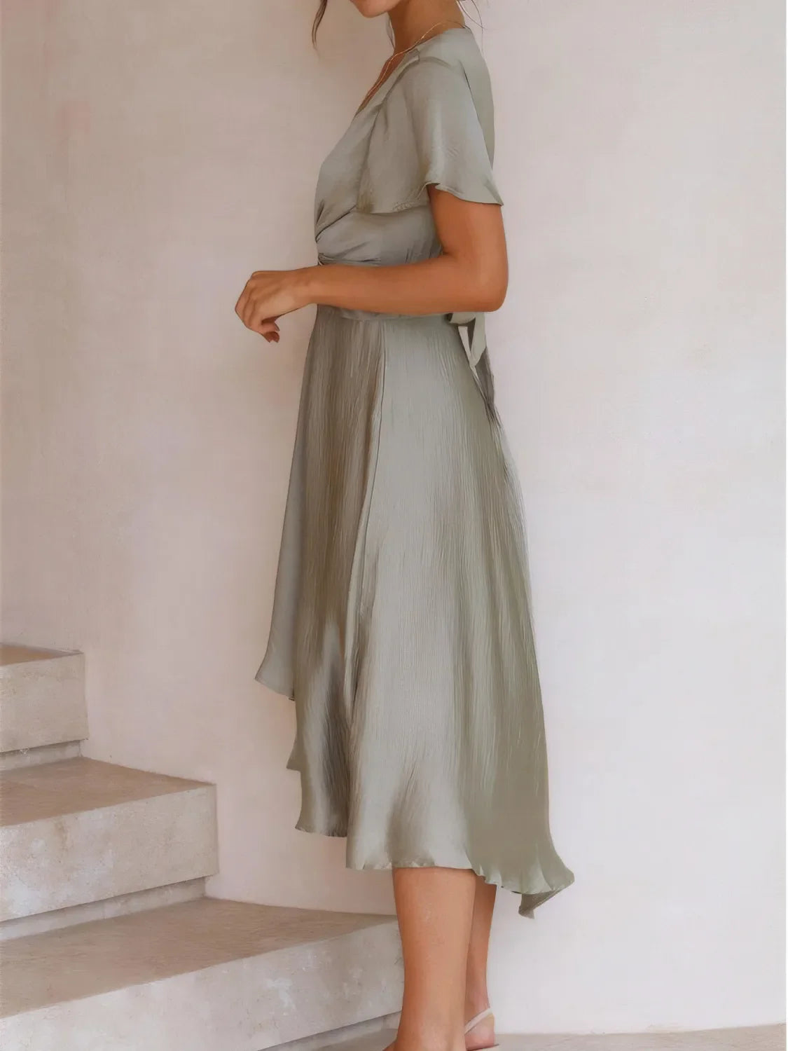 High-Low Plunge Flutter Sleeve Dress