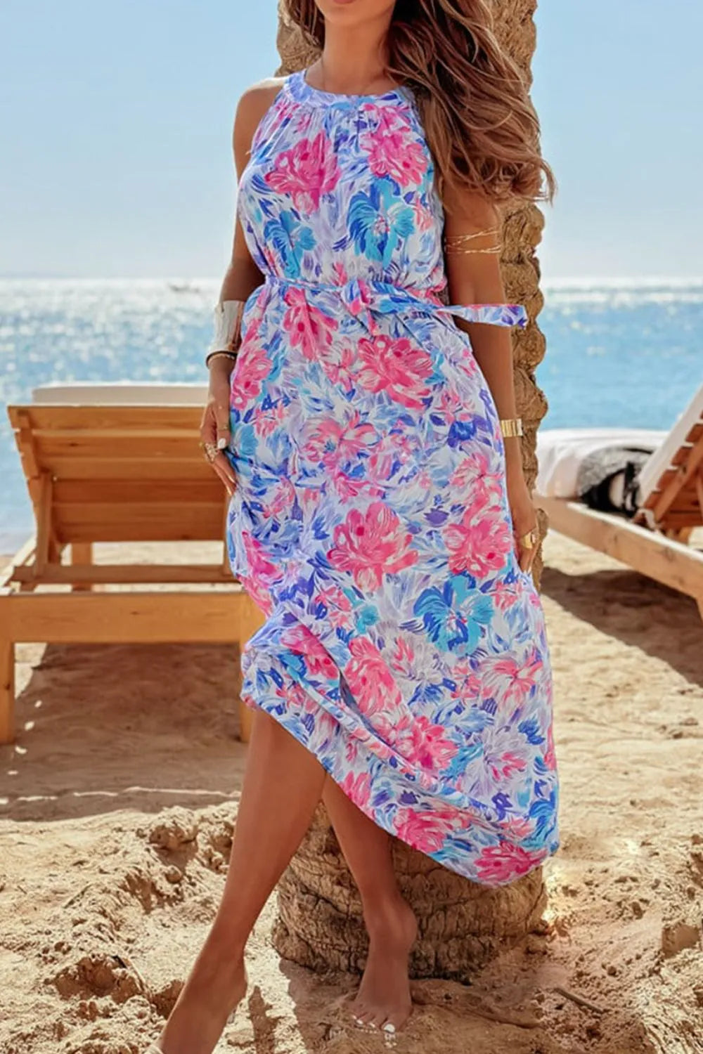 Floral Printed Sleeveless O Neck Knot Waist Dress