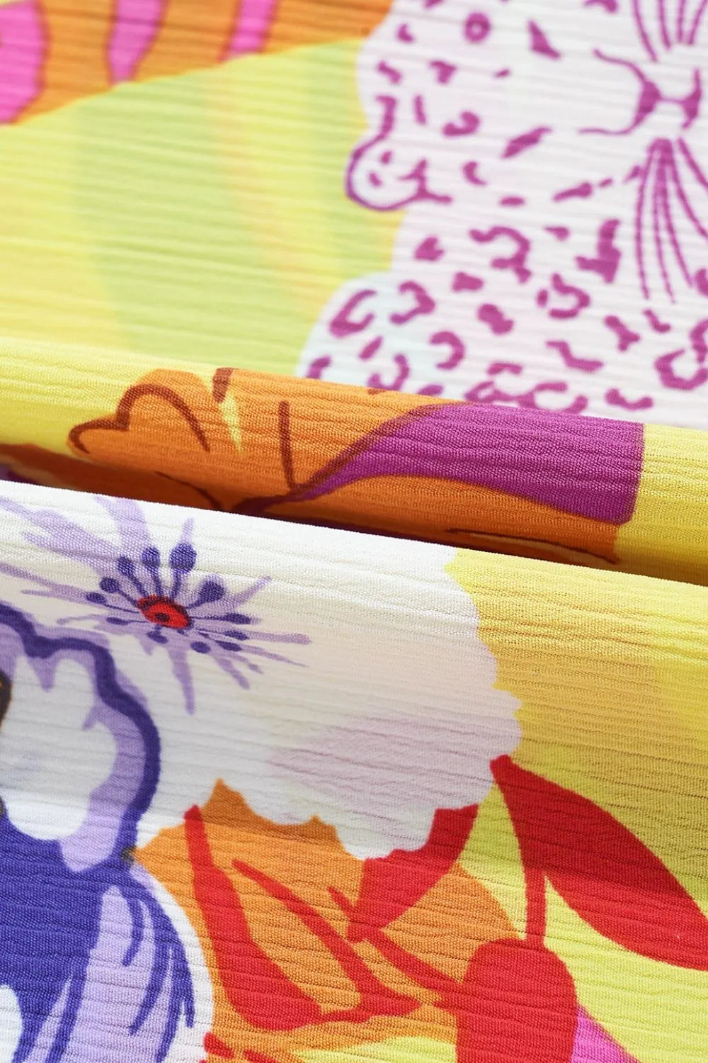 Cheetah Plant Print Shirred Button V Neck Maxi Dress