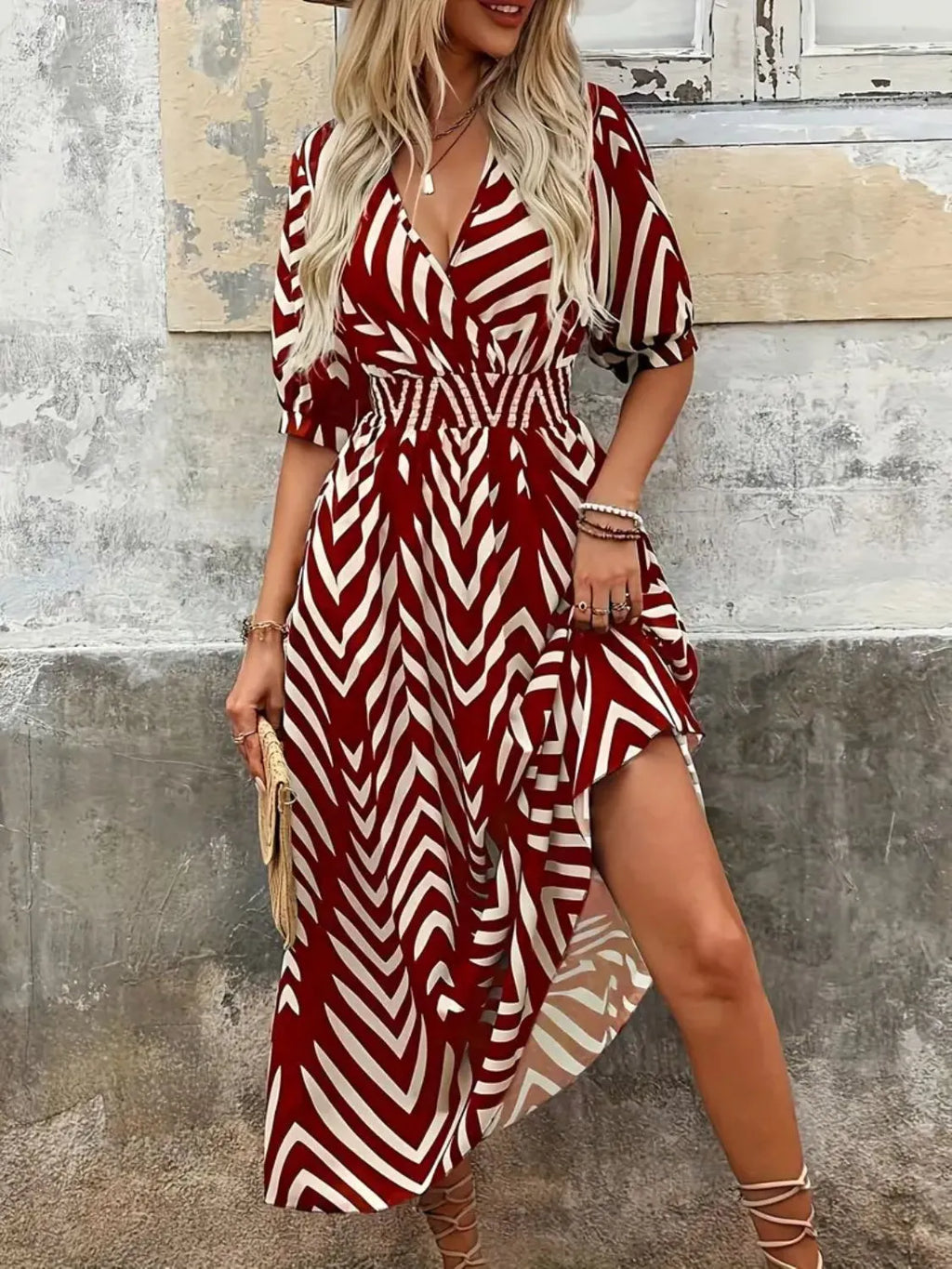 Printed Surplice Half Sleeve Midi Dress
