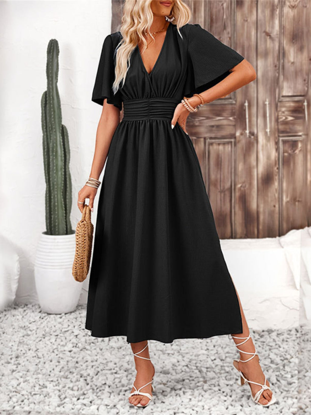 Side Slit Surplice Flutter Sleeve Midi Dress