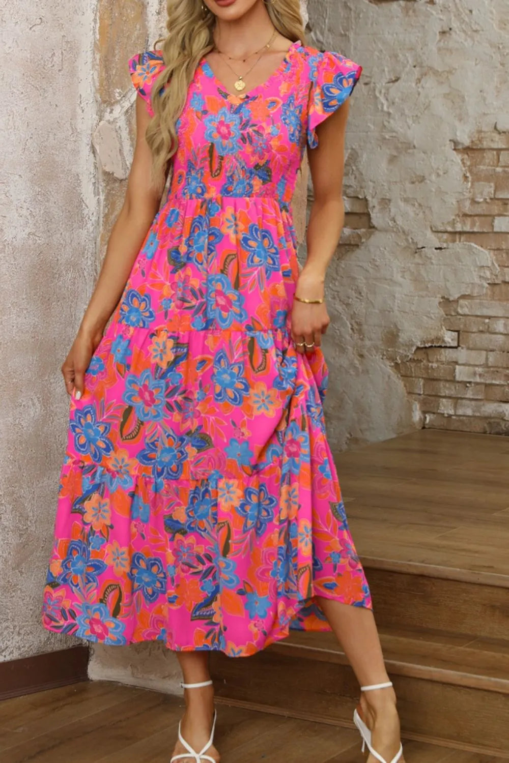 Boho Floral V Neck Ruffle Tiered Dress