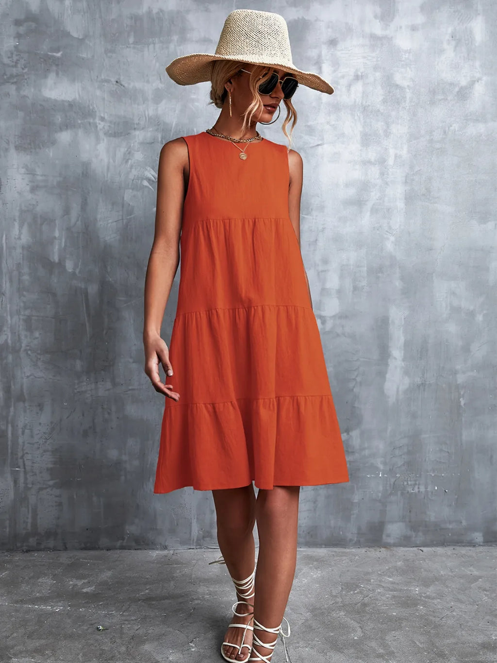 Tiered Round Neck Sleeveless Mini Tank Dress