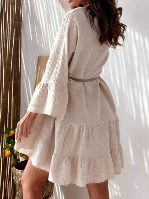 Button Detail Notched Long Sleeve Dress