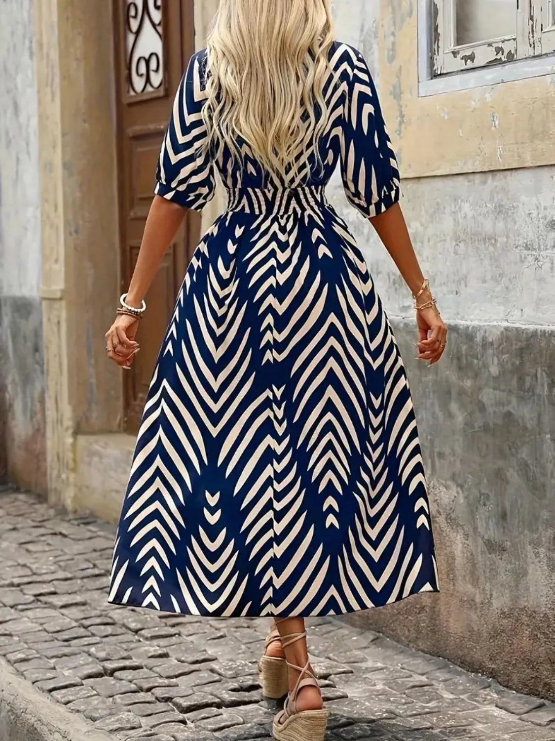 Printed Surplice Half Sleeve Midi Dress