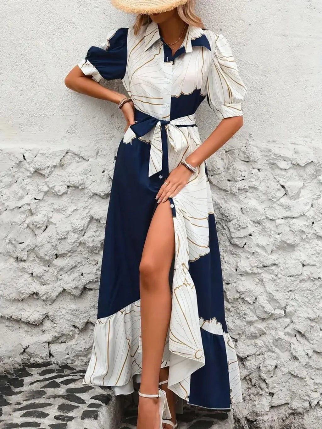 Printed Tie Waist Half Sleeve Maxi Shirt Dress