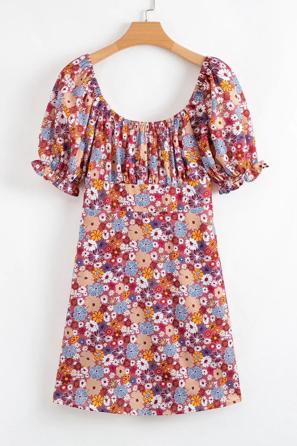 Floral Puff Sleeve Square Neck Knot Open Back Mini Dress