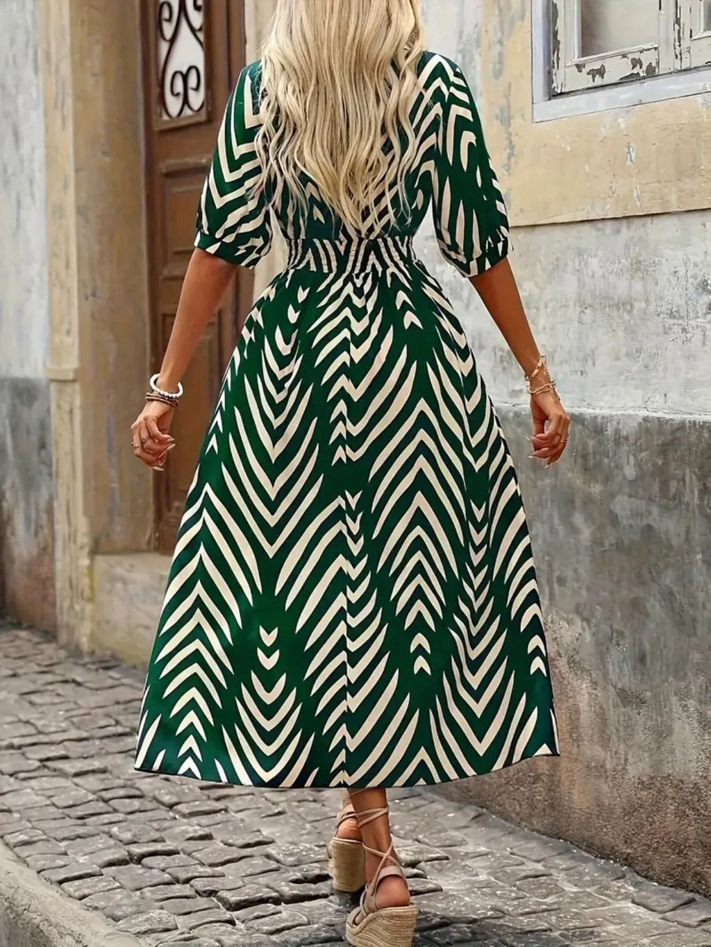 Printed Surplice Half Sleeve Midi Dress