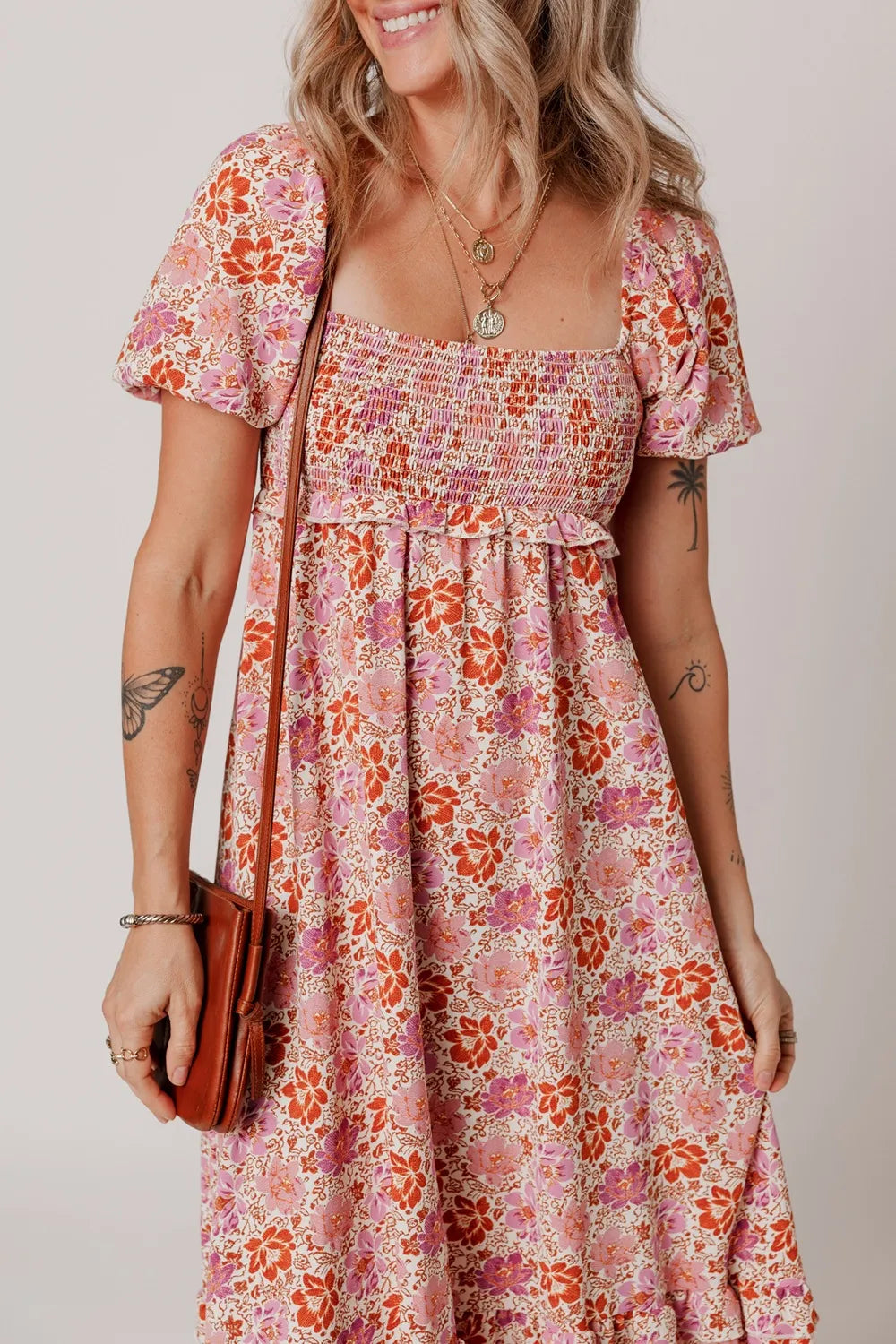 Floral Square Neck Knotted Ruffle Midi Dress