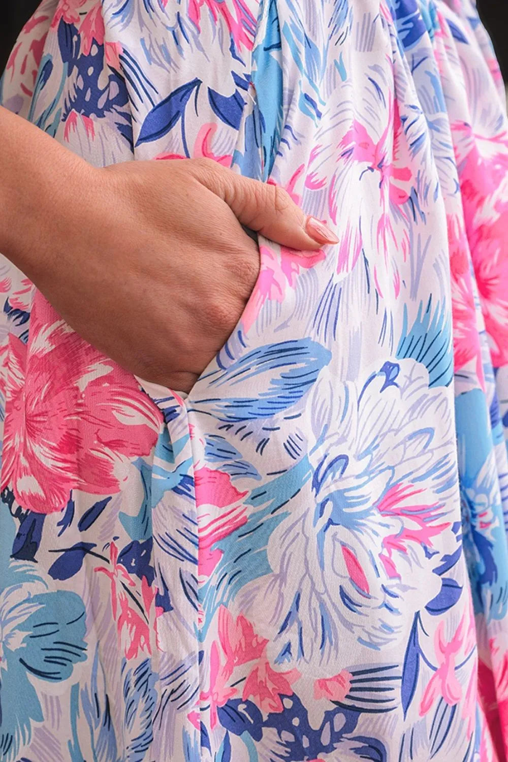 Floral Printed Sleeveless O Neck Knot Waist Dress